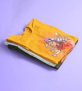 Durga maa (sidefaced) printed unisex adults round neck cotton half-sleeve yellow tshirt specially for Navratri festival/ Durga puja