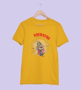 Durga maa idol printed unisex adults round neck cotton half-sleeve yellow tshirt specially for Navratri festival/ Durga puja