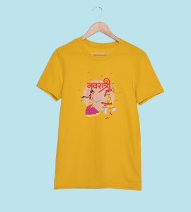 Dancing garba printed unisex adults round neck cotton half-sleeve yellow tshirt specially for Navratri festival/ Durga puja