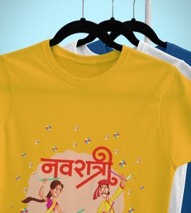 Dancing garba printed unisex adults round neck cotton half-sleeve yellow tshirt specially for Navratri festival/ Durga puja