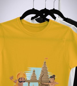 Ram and ravan printed unisex adults round neck cotton half-sleeve yellow tshirt specially for Navratri festival/ Durga puja