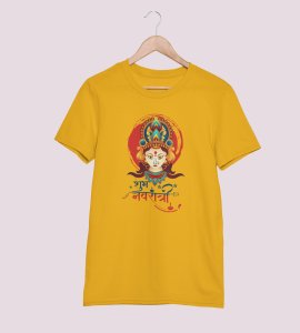 Durga maa animated printed unisex adults round neck cotton half-sleeve yellow tshirt specially for Navratri festival/ Durga puja
