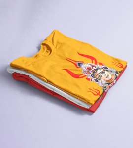 Durga maa (3 trishuls) printed unisex adults round neck cotton half-sleeve yellow tshirt specially for Navratri festival/ Durga puja