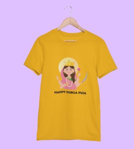 Durga maa (pink) printed unisex adults round neck cotton half-sleeve yellow tshirt specially for Navratri festival/ Durga puja