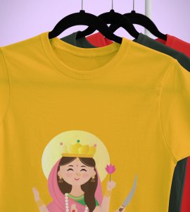 Durga maa (pink) printed unisex adults round neck cotton half-sleeve yellow tshirt specially for Navratri festival/ Durga puja