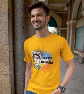 Happy Dasara (white) printed unisex adults round neck cotton half-sleeve yellow tshirt specially for Navratri festival/ Durga puja