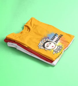 Happy Dasara (white) printed unisex adults round neck cotton half-sleeve yellow tshirt specially for Navratri festival/ Durga puja