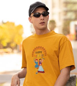 Happy navratri (Dancing couple) printed unisex adults round neck cotton half-sleeve yellow tshirt specially for Navratri festival/ Durga puja