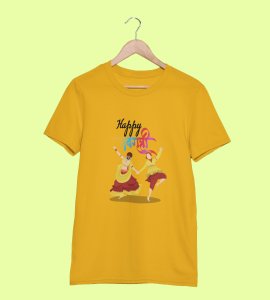 Colourful navratri text printed unisex adults round neck cotton half-sleeve yellow tshirt specially for Navratri festival/ Durga puja