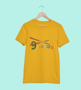 Dandiyas intercrossed printed unisex adults round neck cotton half-sleeve yellow tshirt specially for Navratri festival/ Durga puja