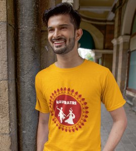 White shadowed couple danging printed unisex adults round neck cotton half-sleeve yellow tshirt specially for Navratri festival/ Durga puja