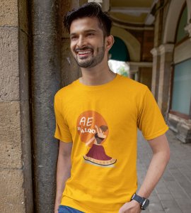Ae haloo printed unisex adults round neck cotton half-sleeve yellow tshirt specially for Navratri festival/ Durga puja
