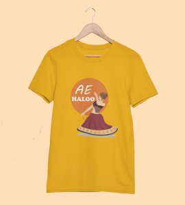 Ae haloo printed unisex adults round neck cotton half-sleeve yellow tshirt specially for Navratri festival/ Durga puja