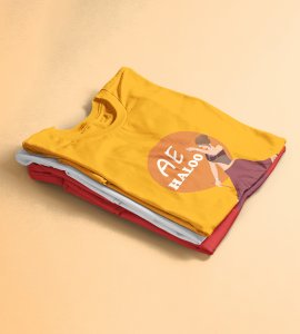 Ae haloo printed unisex adults round neck cotton half-sleeve yellow tshirt specially for Navratri festival/ Durga puja