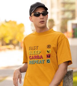 Fast sleep garba repeat printed unisex adults round neck cotton half-sleeve yellow tshirt specially for Navratri festival/ Durga puja