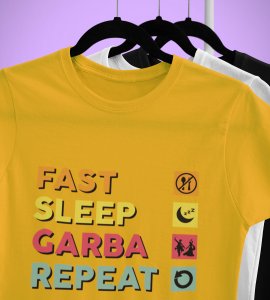 Fast sleep garba repeat printed unisex adults round neck cotton half-sleeve yellow tshirt specially for Navratri festival/ Durga puja