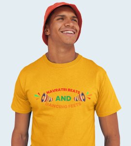 Navrtri beats printed unisex adults round neck cotton half-sleeve yellow tshirt specially for Navratri festival/ Durga puja