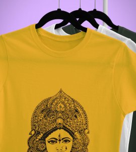 Durga maa black potrait printed unisex adults round neck cotton half-sleeve yellow tshirt specially for Navratri festival/ Durga puja