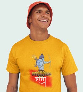 Lord Ram & Ravan face printed unisex adults round neck cotton half-sleeve yellow tshirt specially for Navratri festival/ Durga puja