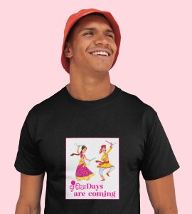 Dandiya days are coming printed unisex adults round neck cotton half-sleeve black tshirt specially for Navratri festival/ Durga puja