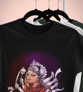 Maa durga (BG pink) printed unisex adults round neck cotton half-sleeve black tshirt specially for Navratri festival/ Durga puja