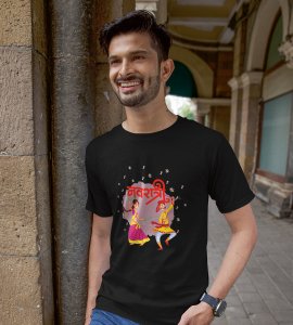 Playing dandiya (colour blast back) printed unisex adults round neck cotton half-sleeve black tshirt specially for Navratri festival/ Durga puja