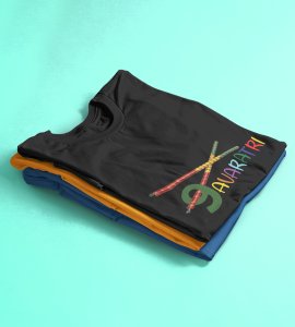 Navratri (2 dandiyas) printed unisex adults round neck cotton half-sleeve black tshirt specially for Navratri festival/ Durga puja