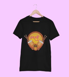 Dhaks and pot printed unisex adults round neck cotton half-sleeve black tshirt specially for Navratri festival/ Durga puja