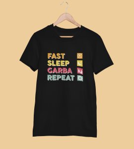 Fast sleep garba repeat printed unisex adults round neck cotton half-sleeve black tshirt specially for Navratri festival/ Durga puja