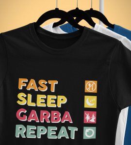 Fast sleep garba repeat printed unisex adults round neck cotton half-sleeve black tshirt specially for Navratri festival/ Durga puja
