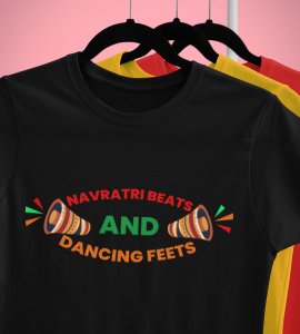 Navratri beats and dancing feets printed unisex adults round neck cotton half-sleeve black tshirt specially for Navratri festival/ Durga puja