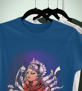 Maa durga potrait (BG pink) printed unisex adults round neck cotton half-sleeve blue tshirt specially for Navratri festival/ Durga puja