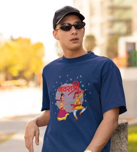 Dancing couples printed unisex adults round neck cotton half-sleeve blue tshirt specially for Navratri festival/ Durga puja