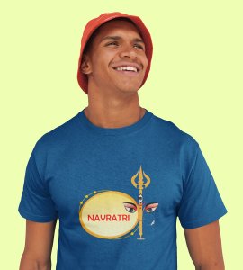 Navratri (Dhak & trishul) printed unisex adults round neck cotton half-sleeve blue tshirt specially for Navratri festival/ Durga puja