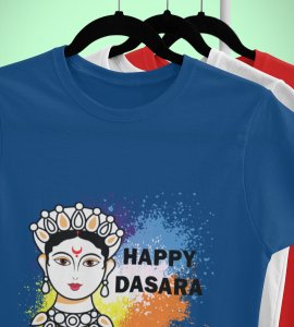 Happy Dasara (BG white) printed unisex adults round neck cotton half-sleeve blue tshirt specially for Navratri festival/ Durga puja