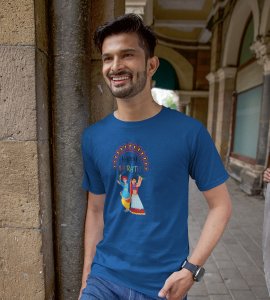Dancing couple(traditional dress) printed unisex adults round neck cotton half-sleeve blue tshirt specially for Navratri festival/ Durga puja
