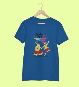 Dancing couple printed unisex adults round neck cotton half-sleeve blue tshirt specially for Navratri festival/ Durga puja