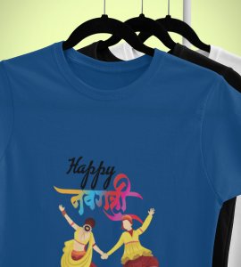 Dancing couple printed unisex adults round neck cotton half-sleeve blue tshirt specially for Navratri festival/ Durga puja