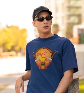 Navratri (2 dhaks) printed unisex adults round neck cotton half-sleeve blue tshirt specially for Navratri festival/ Durga puja