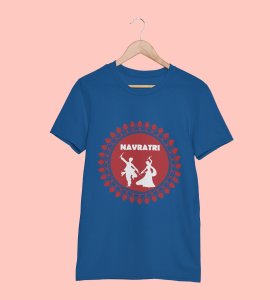 White shadowed couple dancing printed unisex adults round neck cotton half-sleeve blue tshirt specially for Navratri festival/ Durga puja