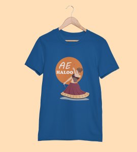Ae haloo printed unisex adults round neck cotton half-sleeve blue tshirt specially for Navratri festival/ Durga puja