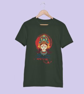 Shubh Navratri (red) printed unisex adults round neck cotton half-sleeve green tshirt specially for Navratri festival/ Durga puja