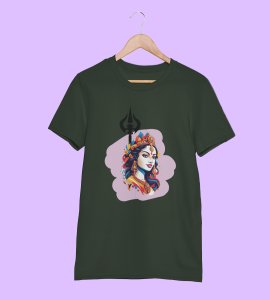 Durga maa potrait (trishul) printed unisex adults round neck cotton half-sleeve green tshirt specially for Navratri festival/ Durga puja