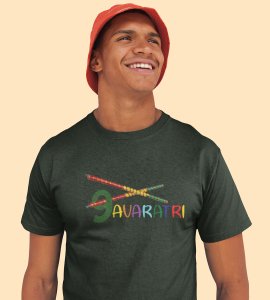 Two dandiyas printed unisex adults round neck cotton half-sleeve green tshirt specially for Navratri festival/ Durga puja