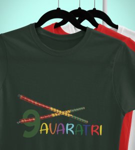 Two dandiyas printed unisex adults round neck cotton half-sleeve green tshirt specially for Navratri festival/ Durga puja