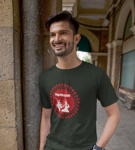Navratri (Red) printed unisex adults round neck cotton half-sleeve green tshirt specially for Navratri festival/ Durga puja