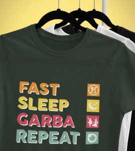 Fast, sleep, garba, repeat printed unisex adults round neck cotton half-sleeve green tshirt specially for Navratri festival/ Durga puja