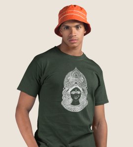 White Durga maa potrait printed unisex adults round neck cotton half-sleeve green tshirt specially for Navratri festival/ Durga puja 
