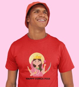 Happy durga puja printed unisex adults round neck cotton half-sleeve red tshirt specially for Navratri festival/ Durga puja
