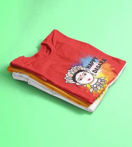 Happy Dasara (BG white) printed unisex adults round neck cotton half-sleeve red tshirt specially for Navratri festival/ Durga puja